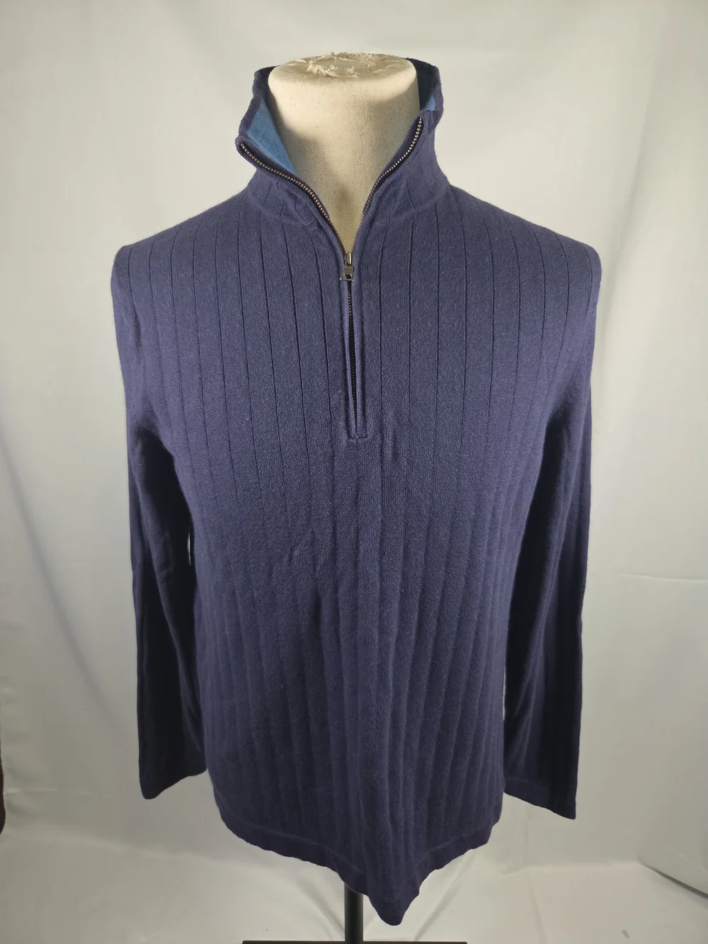 Banana Republic Cotton Cashmere Navy Ribbed Quarter-Zip Sweater
